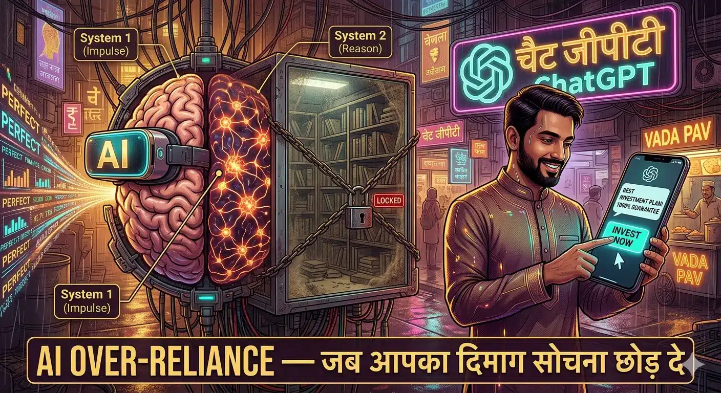 Thinking, Fast and Slow Summary in Hindi — Complete Guide | System 1, System 2 और 10 Cognitive Biases का संपूर्ण विश्लेषण 13 Generative AI Cognitive Ease System 1 Brain Over-reliance Trap Visual