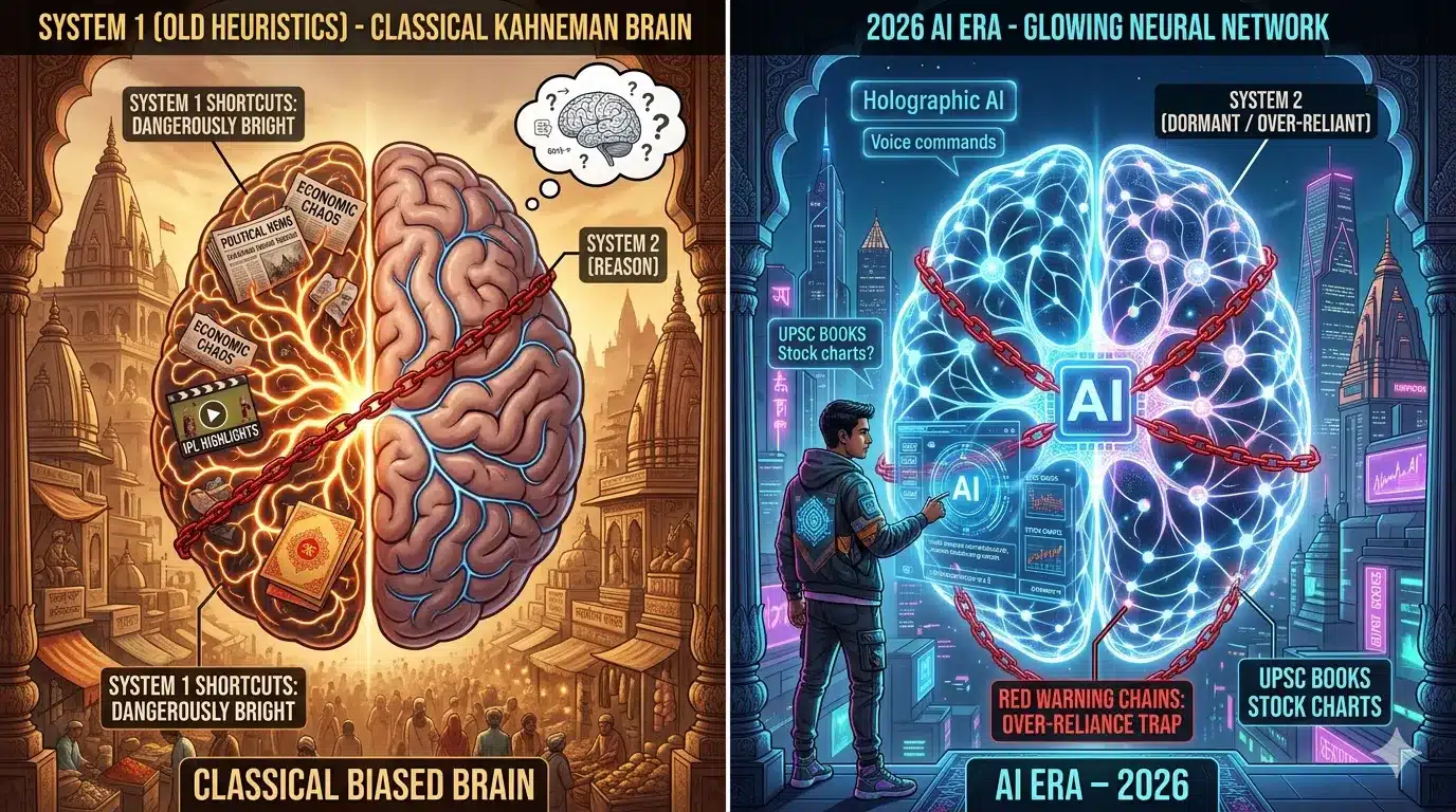 Thinking, Fast and Slow Summary in Hindi — Complete Guide | System 1, System 2 और 10 Cognitive Biases का संपूर्ण विश्लेषण 14 Futuristic Split Illustration Kahneman Brain Heuristics versus AI Era Over-reliance Trap
