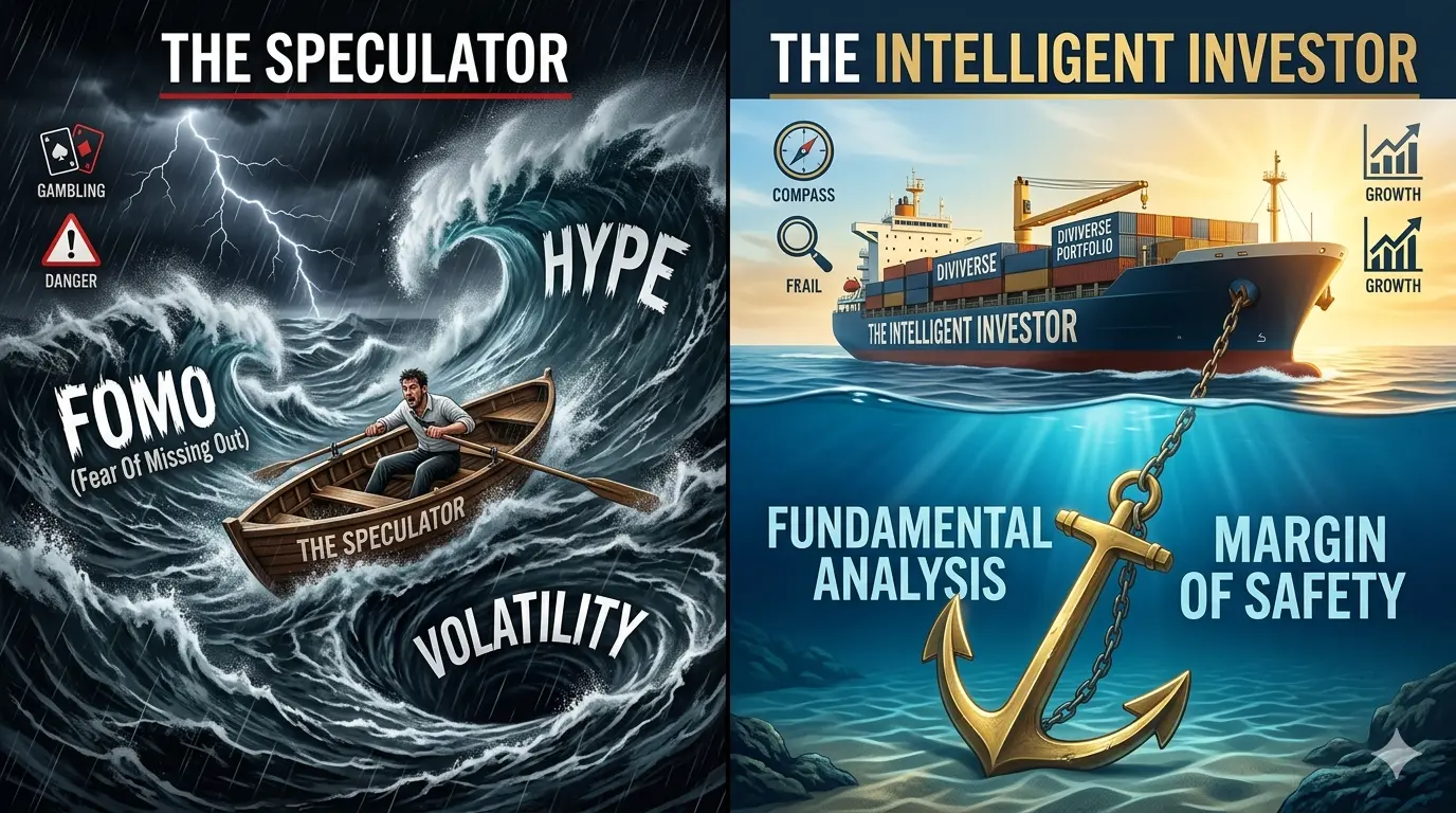 Comparison visual between a speculative trader in a storm and an intelligent investor with a stable anchor.