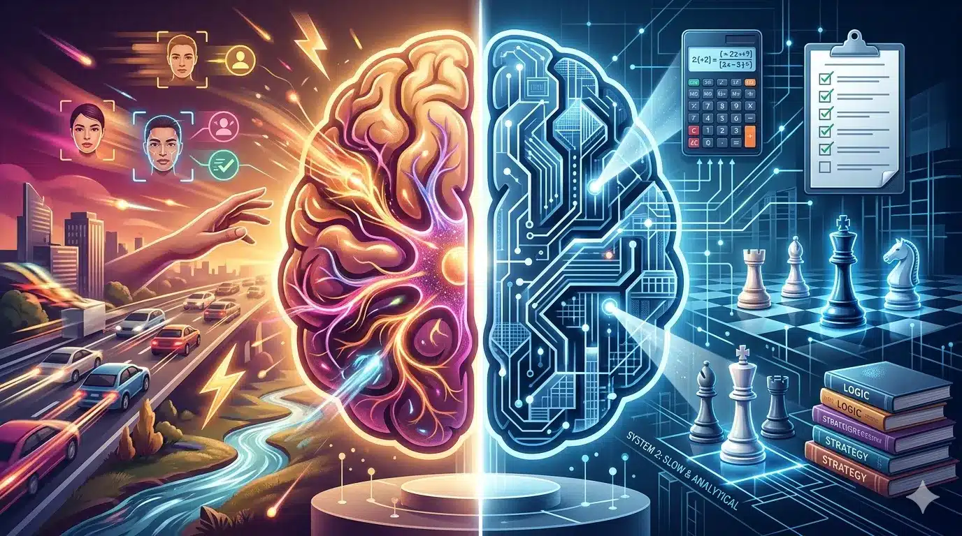 Thinking, Fast and Slow Summary in Hindi — Complete Guide | System 1, System 2 और 10 Cognitive Biases का संपूर्ण विश्लेषण 3 System 1 vs System 2 Thinking Conceptual Illustration