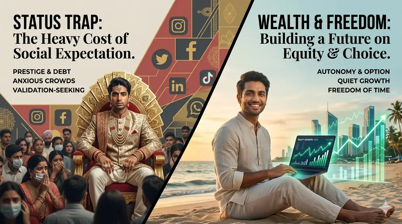 The Status Trap Visualized via Card Throne vs Wealth and Freedom Editorial Graphic