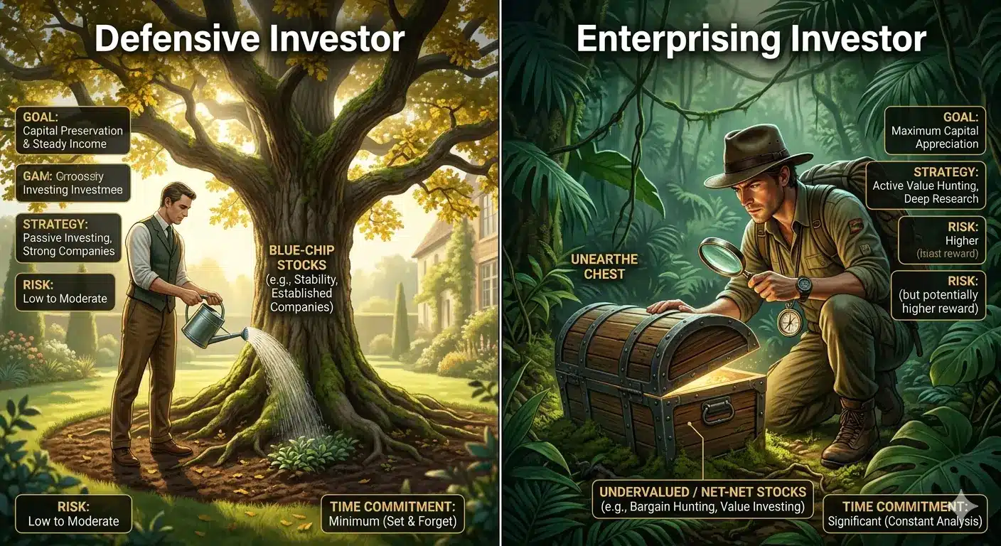 Infographic comparing the steady growth of a defensive investor with the active search of an enterprising investor.