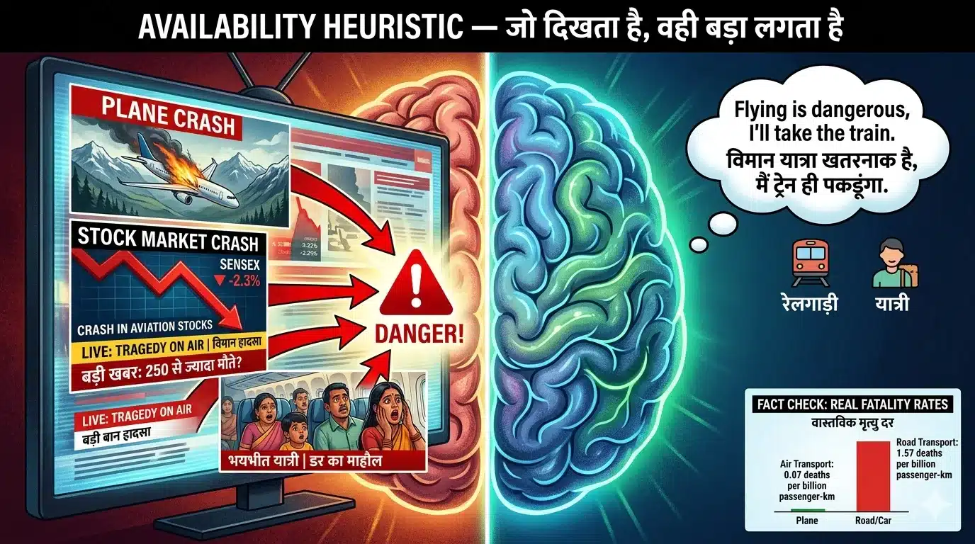 Thinking, Fast and Slow Summary in Hindi — Complete Guide | System 1, System 2 और 10 Cognitive Biases का संपूर्ण विश्लेषण 5 Availability Heuristic Cognitive Psychology Illustration
