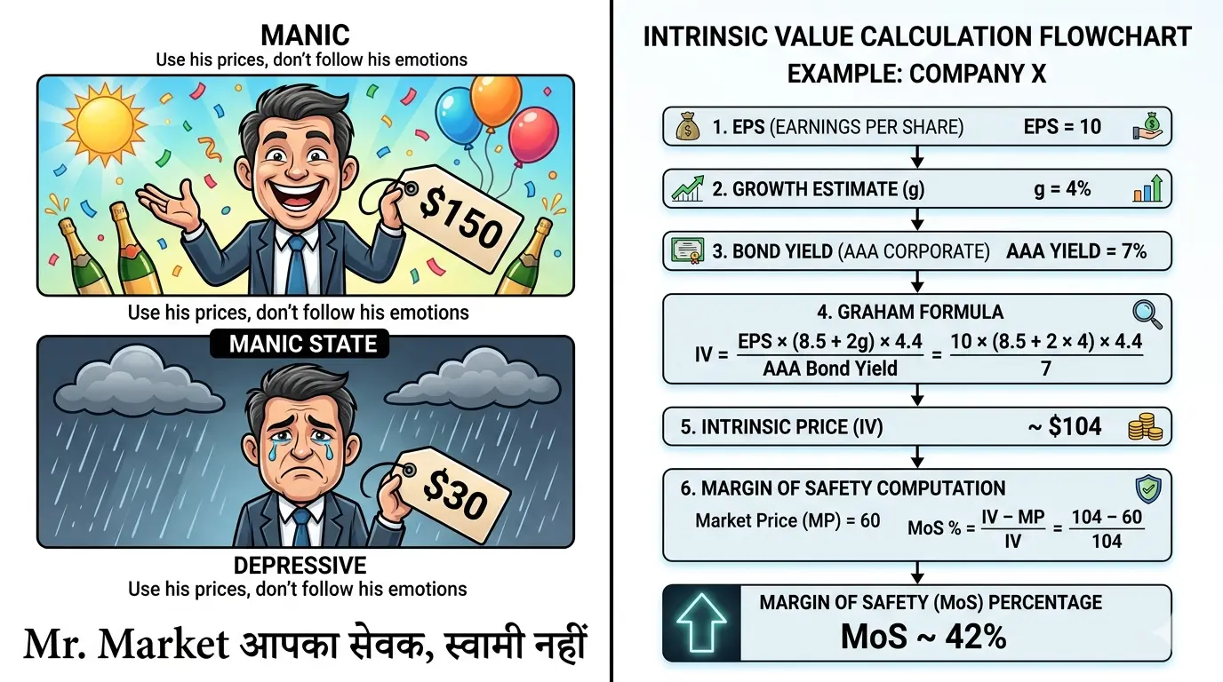 Mr. Market parable Hindi — manic vs depressive market caricature; Graham intrinsic value calculation example Company X