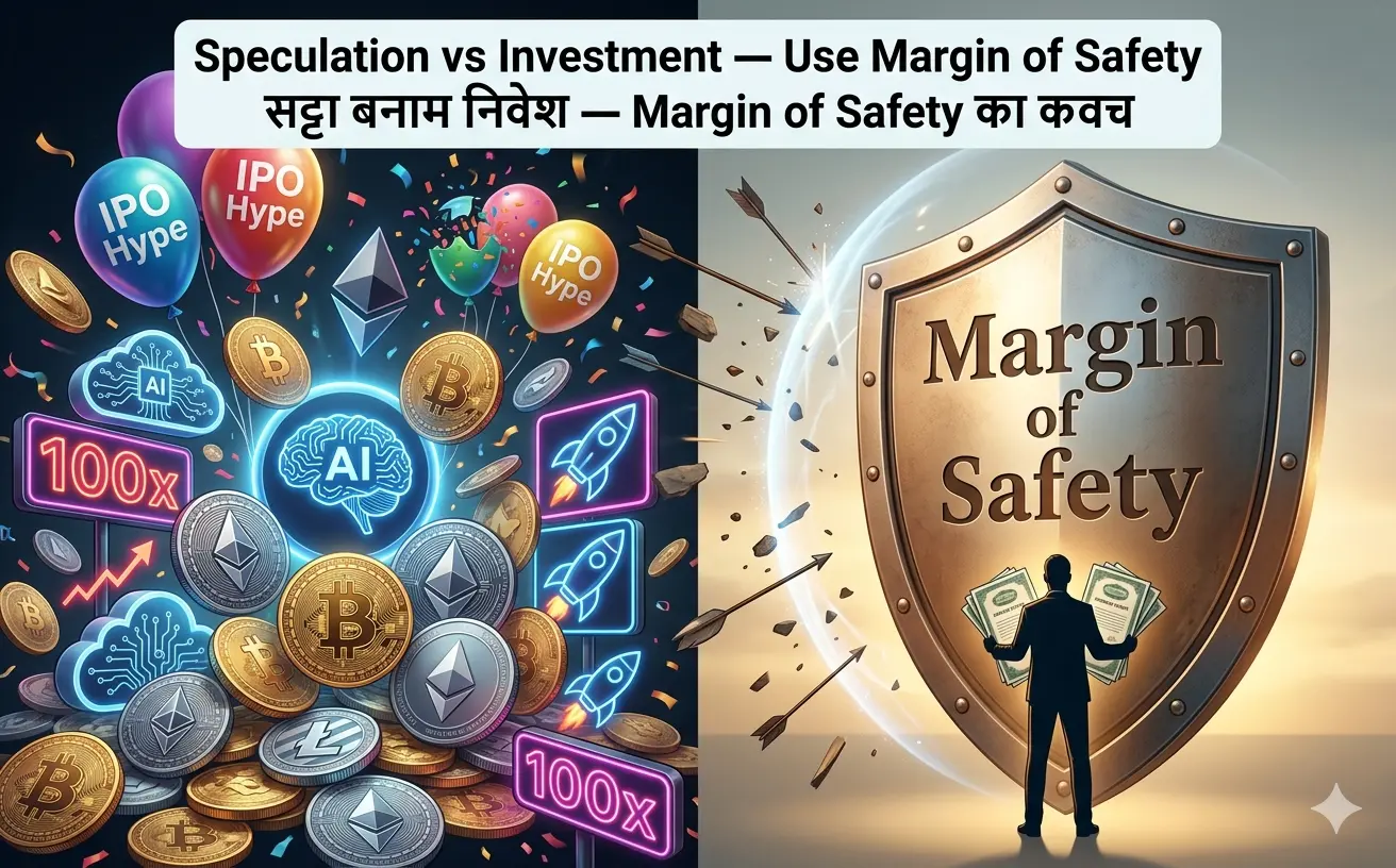 Speculation (crypto AI IPO hype) vs investment (Graham margin of safety shield) — Intelligent Investor summary Hindi