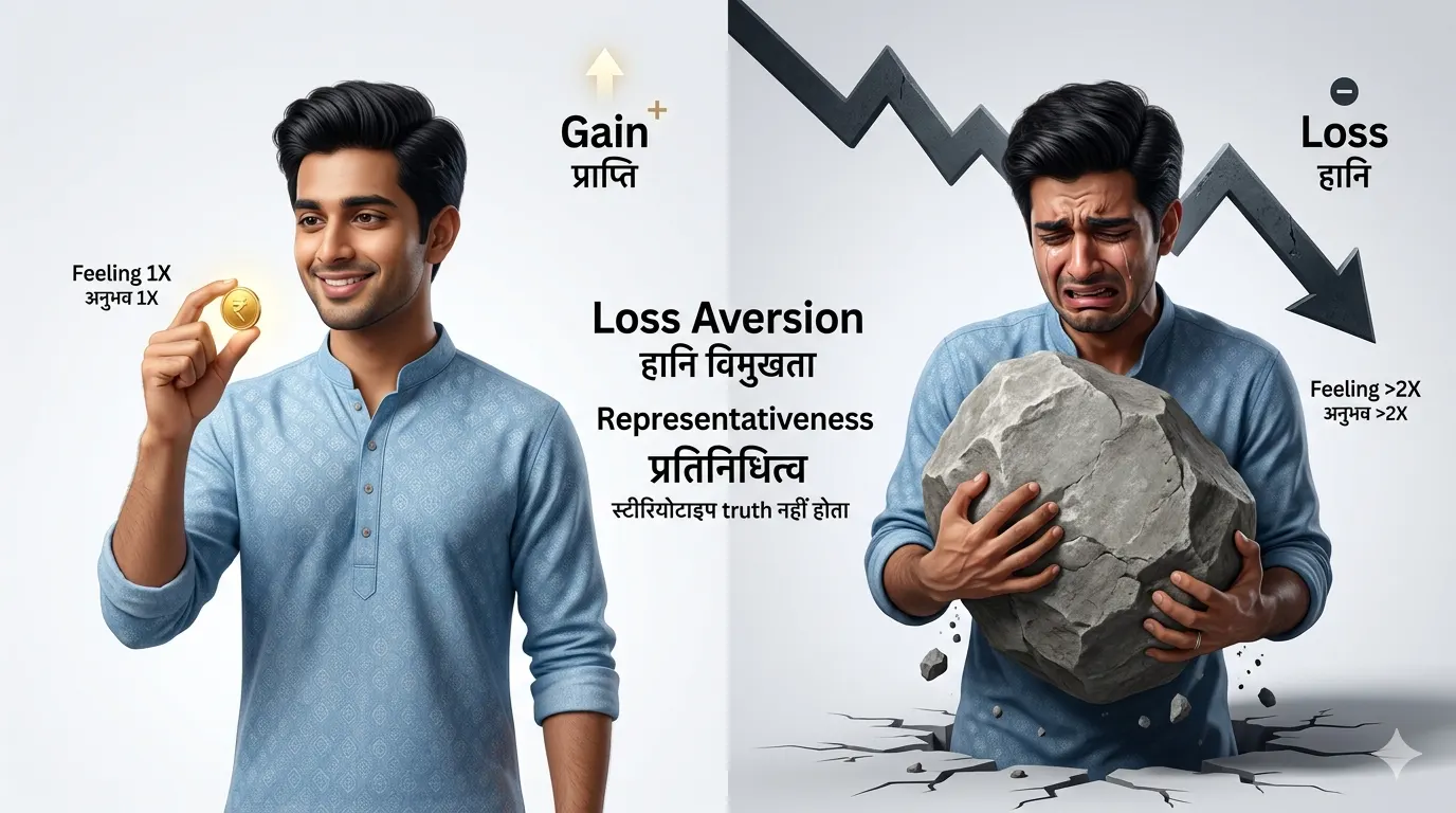 Thinking, Fast and Slow Summary in Hindi — Complete Guide | System 1, System 2 और 10 Cognitive Biases का संपूर्ण विश्लेषण 7 Loss Aversion and Prospect Theory Visual Contrast Chart