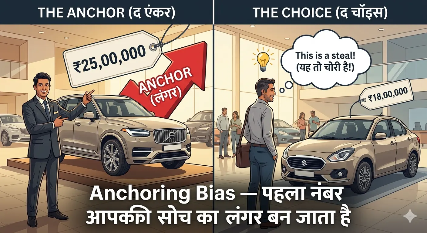 Thinking, Fast and Slow Summary in Hindi — Complete Guide | System 1, System 2 और 10 Cognitive Biases का संपूर्ण विश्लेषण 4 Anchoring Bias Conceptual Infographic Breakdown Matrix