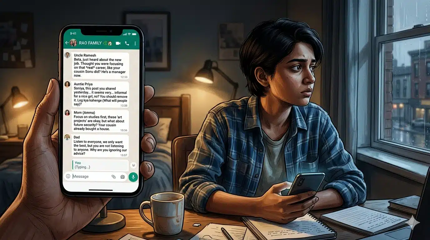 Smartphone with WhatsApp Family Group Messages and Social Anxiety Reframe