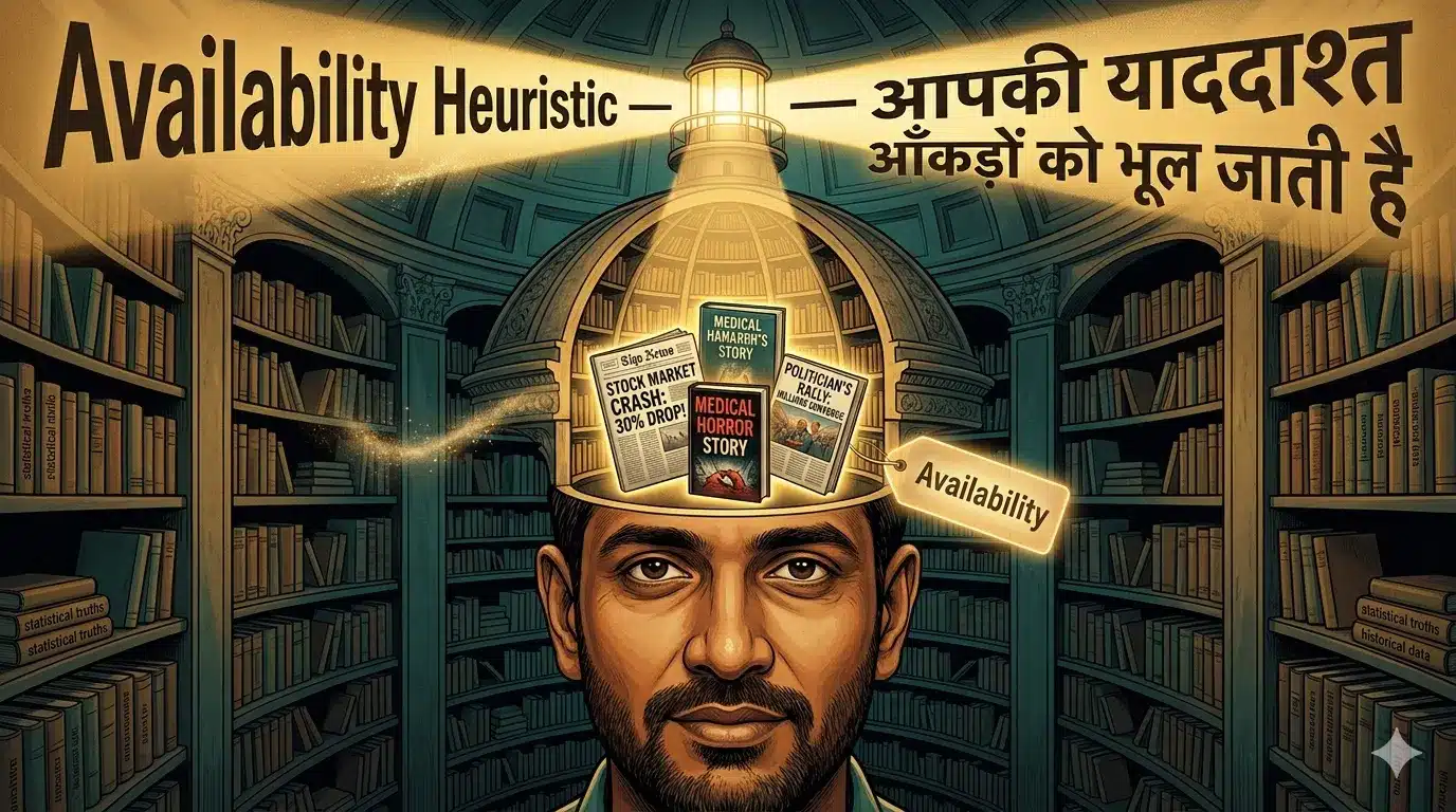Thinking, Fast and Slow Summary in Hindi — Complete Guide | System 1, System 2 और 10 Cognitive Biases का संपूर्ण विश्लेषण 10 Availability Heuristic Brain Searchlight Conceptual Infographic