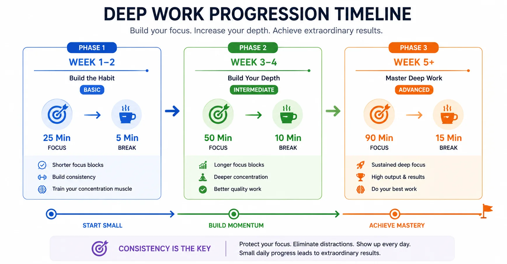 Progressive Overload Focus Timeline Infographic