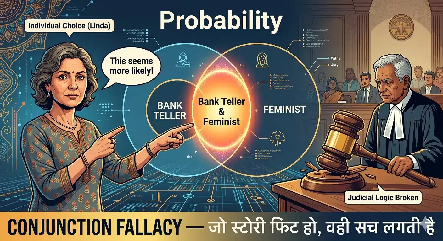 Thinking, Fast and Slow Summary in Hindi — Complete Guide | System 1, System 2 और 10 Cognitive Biases का संपूर्ण विश्लेषण 11 Representativeness Heuristic and Linda Problem Venn Diagram Illustration