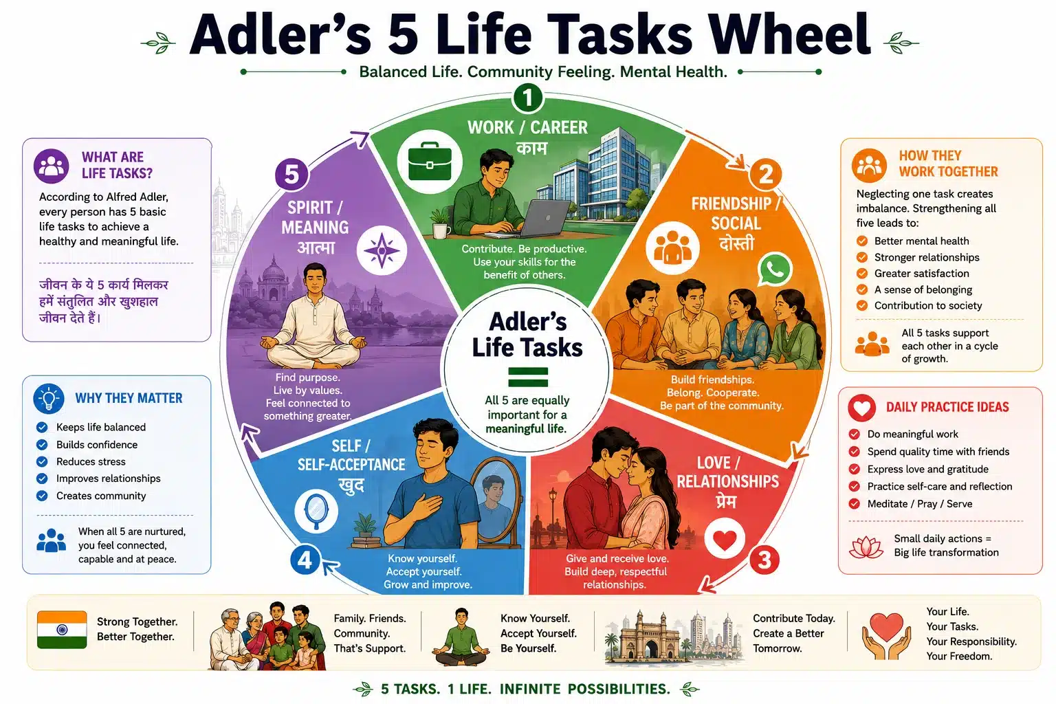 Adler's 5 Life Tasks Wheel Infographic Map