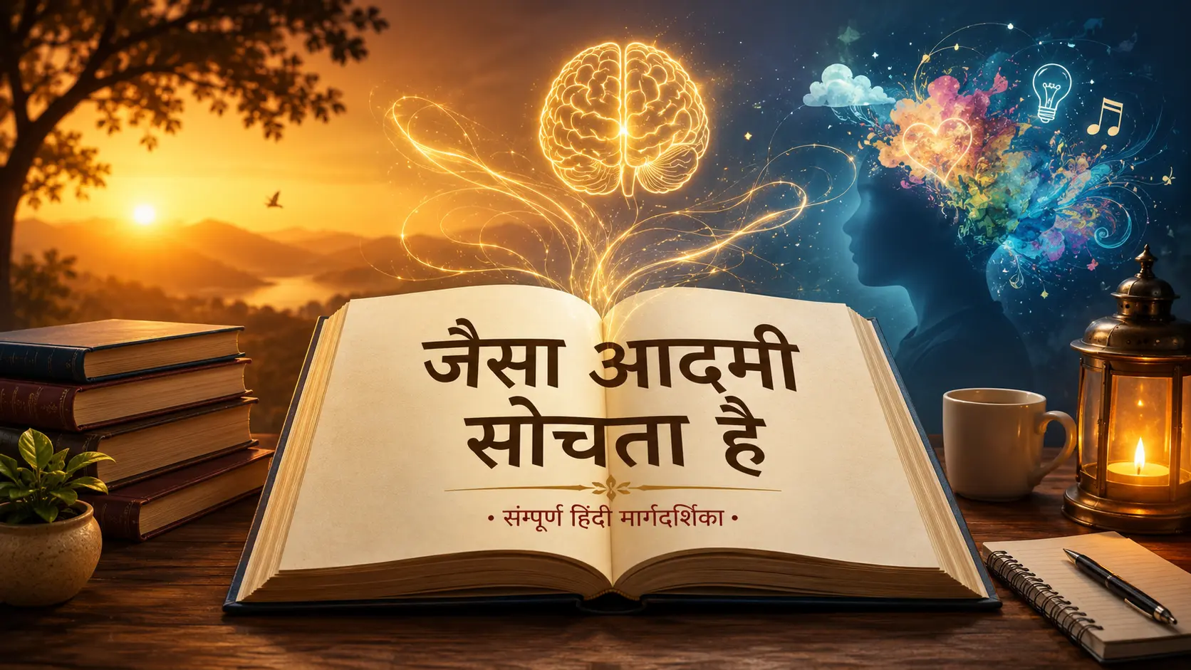 hero banner for As a Man Thinketh complete Hindi guide, showing open book with Hindi title ‘Jaisa Aadmi Sochta Hai’, thought‑rays, and calm lighting, self‑help book concept