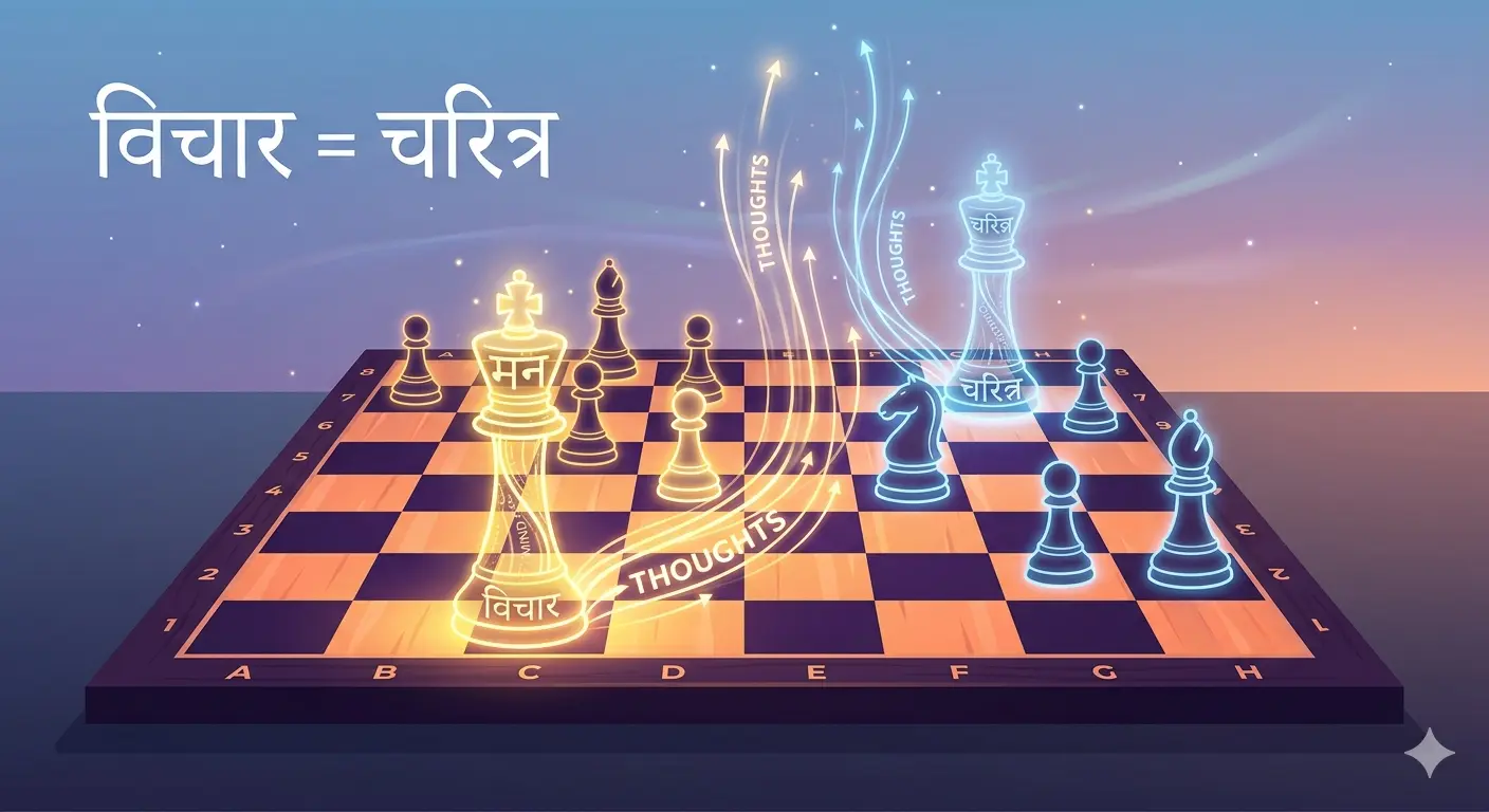 illustration showing connection between thought and character for As a Man Thinketh chapter 1, with chessboard‑like symbols and Hindi text ‘Vichar = Charitra’