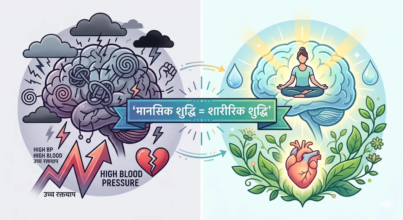 split‑panel image showing effect of thought on health for As a Man Thinketh chapter 3, with Hindi label ‘Manasik Shuddhi = Sharirik Shuddhi’, mental and physical health comparison
