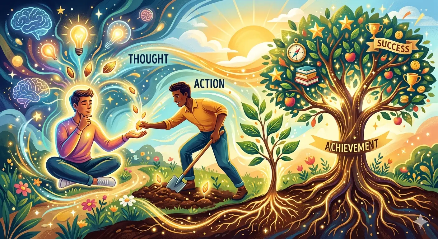 illustration of thought and action meeting to create achievement, seeds growing into a tree of success