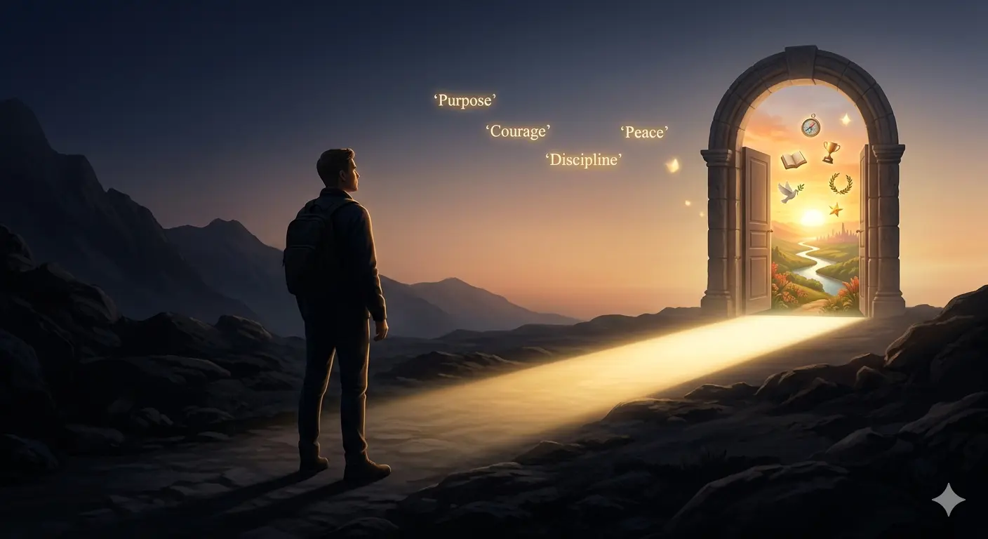 illustration of a person seeing a bright vision of the future, light and ideals guiding the way