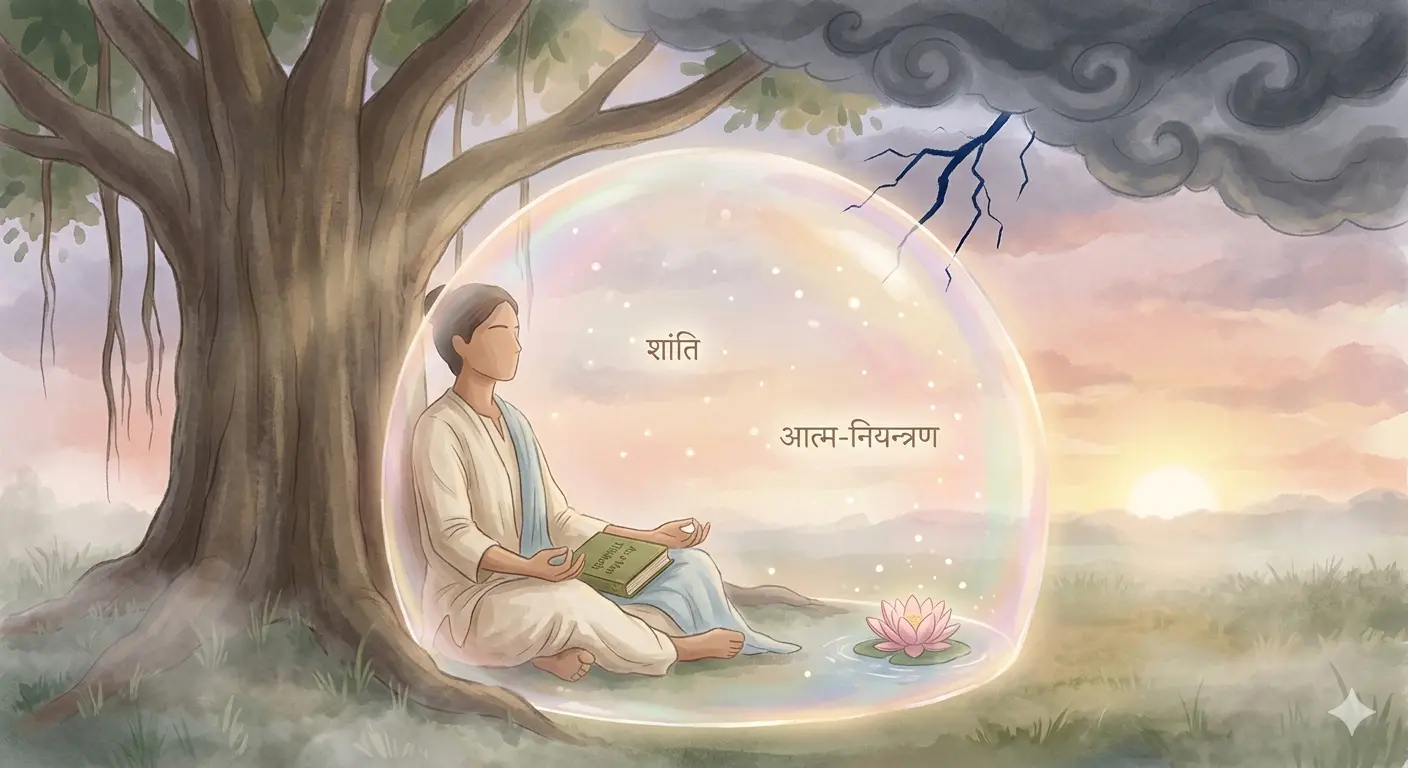 peaceful person sitting under a tree at dawn, calm light, serenity and self-control concept