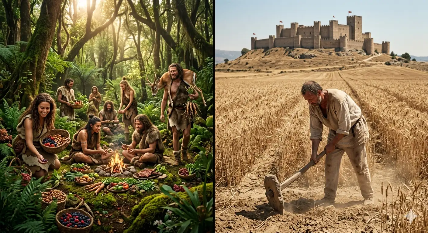 Agricultural revolution harari hindi explanation — hunter-gatherer luxury life vs farmer hard life comparison.