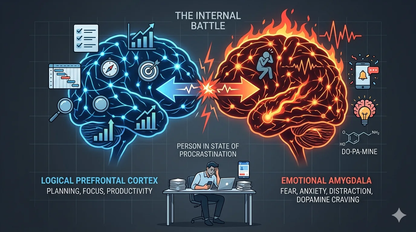Do It Today Summary in Hindi — Darius Foroux की 6 Chapters वाली Procrastination खत्म करने की मास्टर गाइड 9 Diagram showing the conflict between the prefrontal cortex and amygdala during procrastination