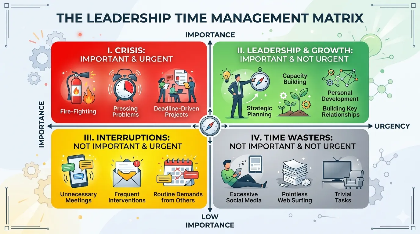 Four quadrant grid: QI Crisis, QII Leadership & Growth, QIII Distraction, QIV Waste, with Hindi examples and energy allocation percentages