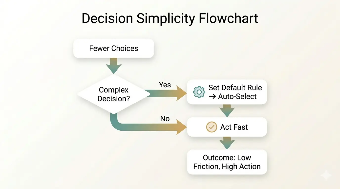 Do It Today Summary in Hindi — Darius Foroux की 6 Chapters वाली Procrastination खत्म करने की मास्टर गाइड 6 Flowchart explaining decision simplicity with rules and defaults