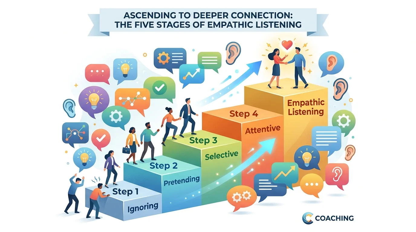 Diagram showing five levels of listening from ignoring to empathic listening with examples, Stephen Covey Habit 5 Hindi, communication skills