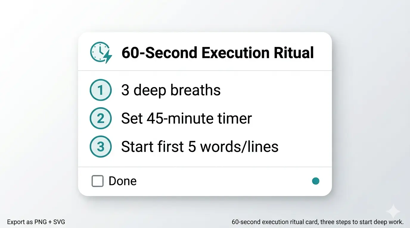 Do It Today Summary in Hindi — Darius Foroux की 6 Chapters वाली Procrastination खत्म करने की मास्टर गाइड 8 A card displaying a 60-second execution ritual checklist