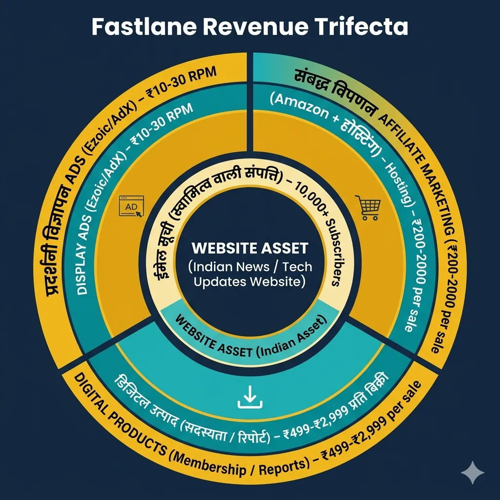 इन्फोग्राफिक व्हील जो Fastlane Website Asset के तीन monetization streams दिखाती है – Display Ads, Affiliate Marketing, और Digital Products – भारतीय Hindi/English न्यूज़ वेबसाइट Context में