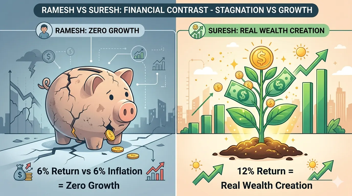 Visual comparison of two investors Ramesh and Suresh showing different investment paths