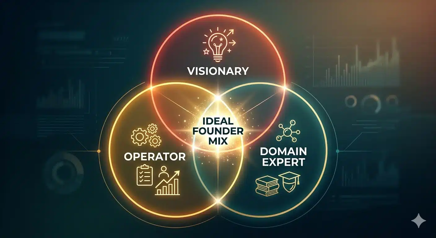 Venn diagram of founding team traits—visionary, operator, domain expert—center represents ideal founder mix