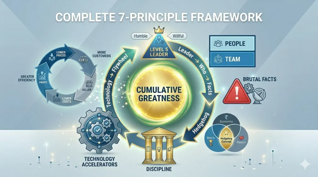 Good to Great Summary in Hindi — Jim Collins की किताब से सीखें कैसे एक साधारण कंपनी महान बनती है (Master Guide) 10 Good to Great — The Complete 7 Principle Framework