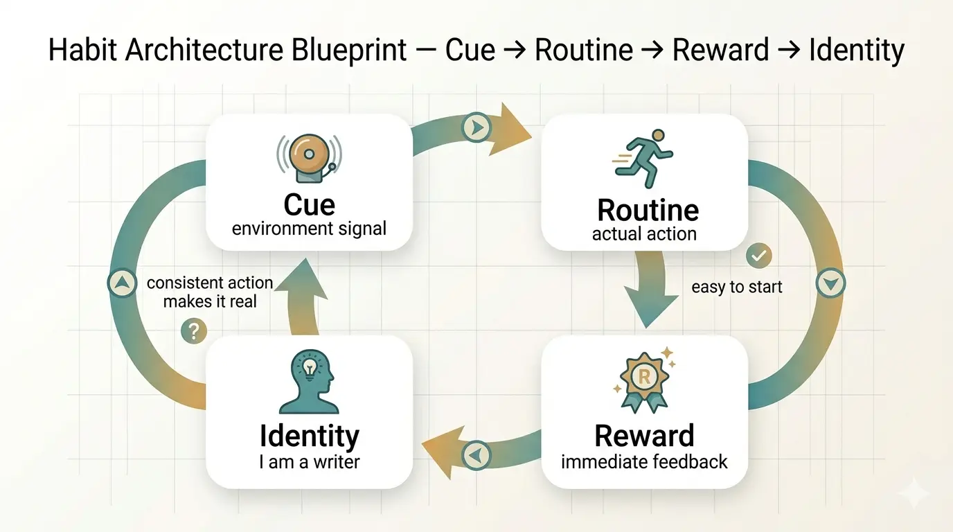 Do It Today Summary in Hindi — Darius Foroux की 6 Chapters वाली Procrastination खत्म करने की मास्टर गाइड 7 Blueprint showing habit architecture: cue, routine, reward, identity