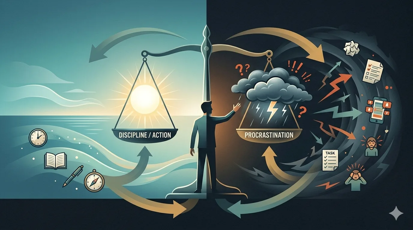 Do It Today Summary in Hindi — Darius Foroux की 6 Chapters वाली Procrastination खत्म करने की मास्टर गाइड 12 Visual representation of how daily action leads to mental peace and happiness