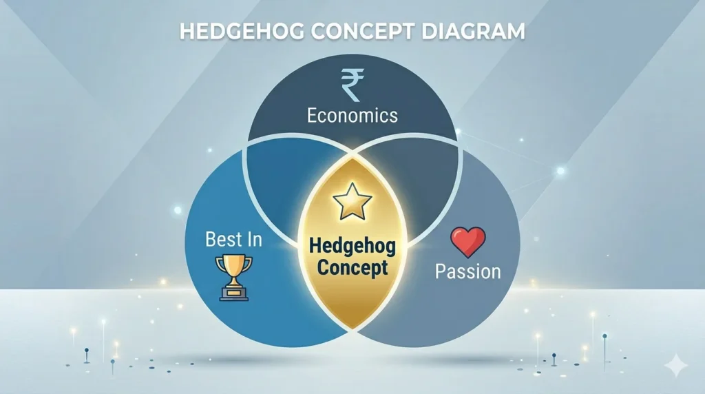 Good to Great Summary in Hindi — Jim Collins की किताब से सीखें कैसे एक साधारण कंपनी महान बनती है (Master Guide) 4 Hedgehog Concept — Three Circles Intersection