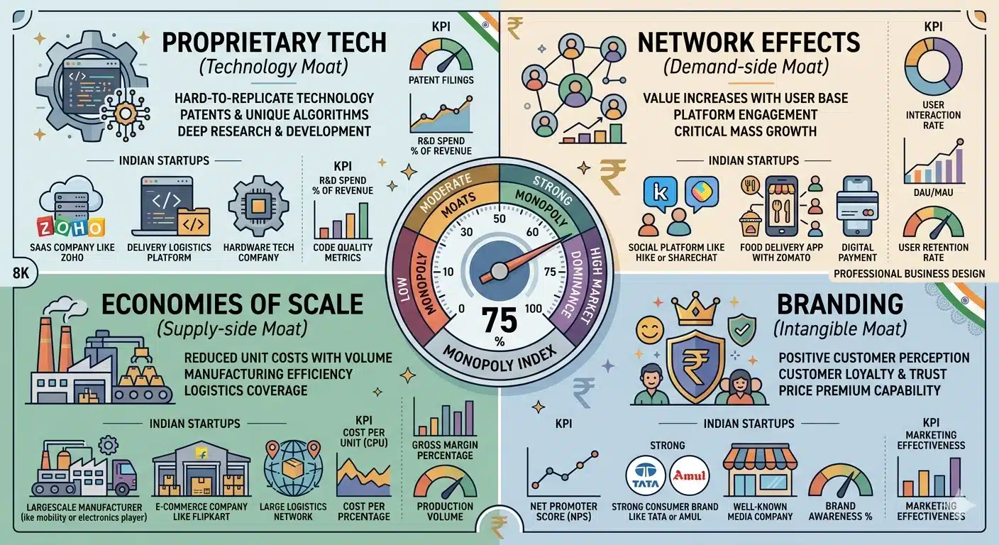 Detailed infographic breaking down four monopoly pillars with KPIs and Indian startup examples — Peter Thiel monopoly framework Hindi