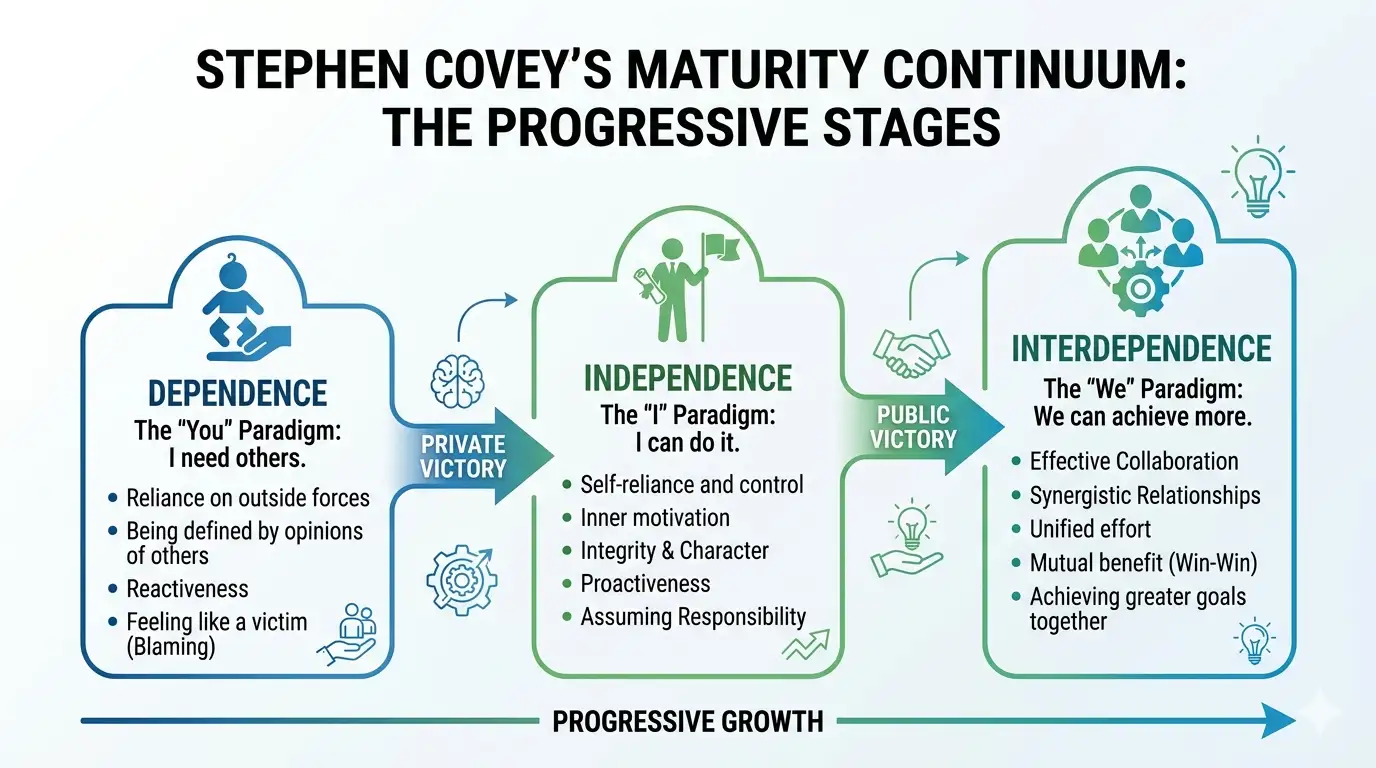 Chart showing Dependence → Independence → Interdependence progression in 7 habits Hindi, Private Victory and Public Victory labels