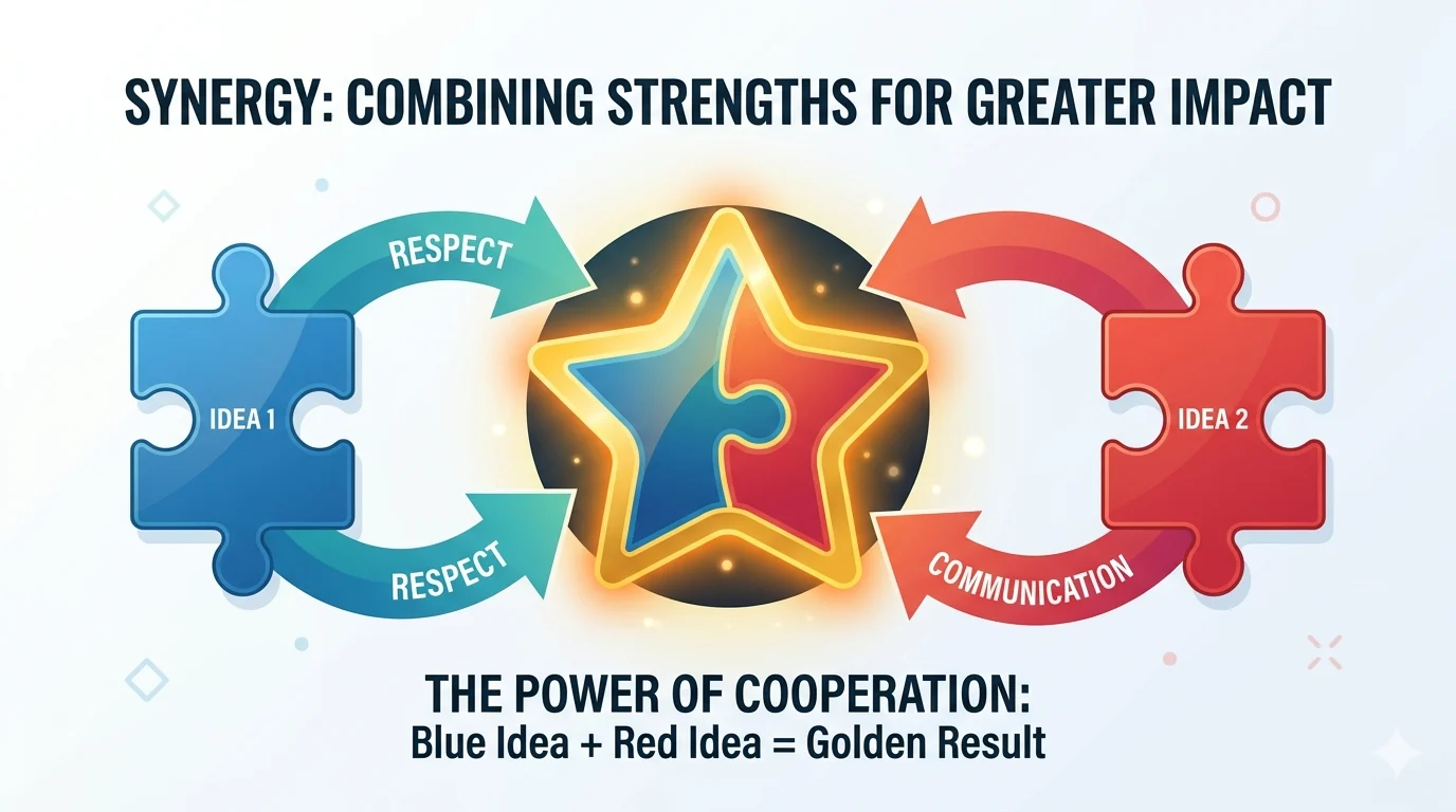 Two distinct perspectives (blue and red) merging into a new creative solution (purple), with Hindi labels for synergy process