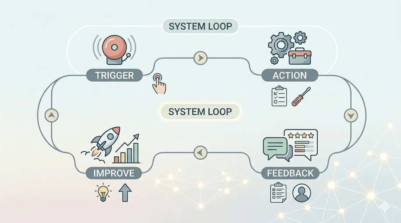 Do It Today Summary in Hindi — Darius Foroux की 6 Chapters वाली Procrastination खत्म करने की मास्टर गाइड 5 Diagram showing the systems loop: trigger, action, feedback, improve