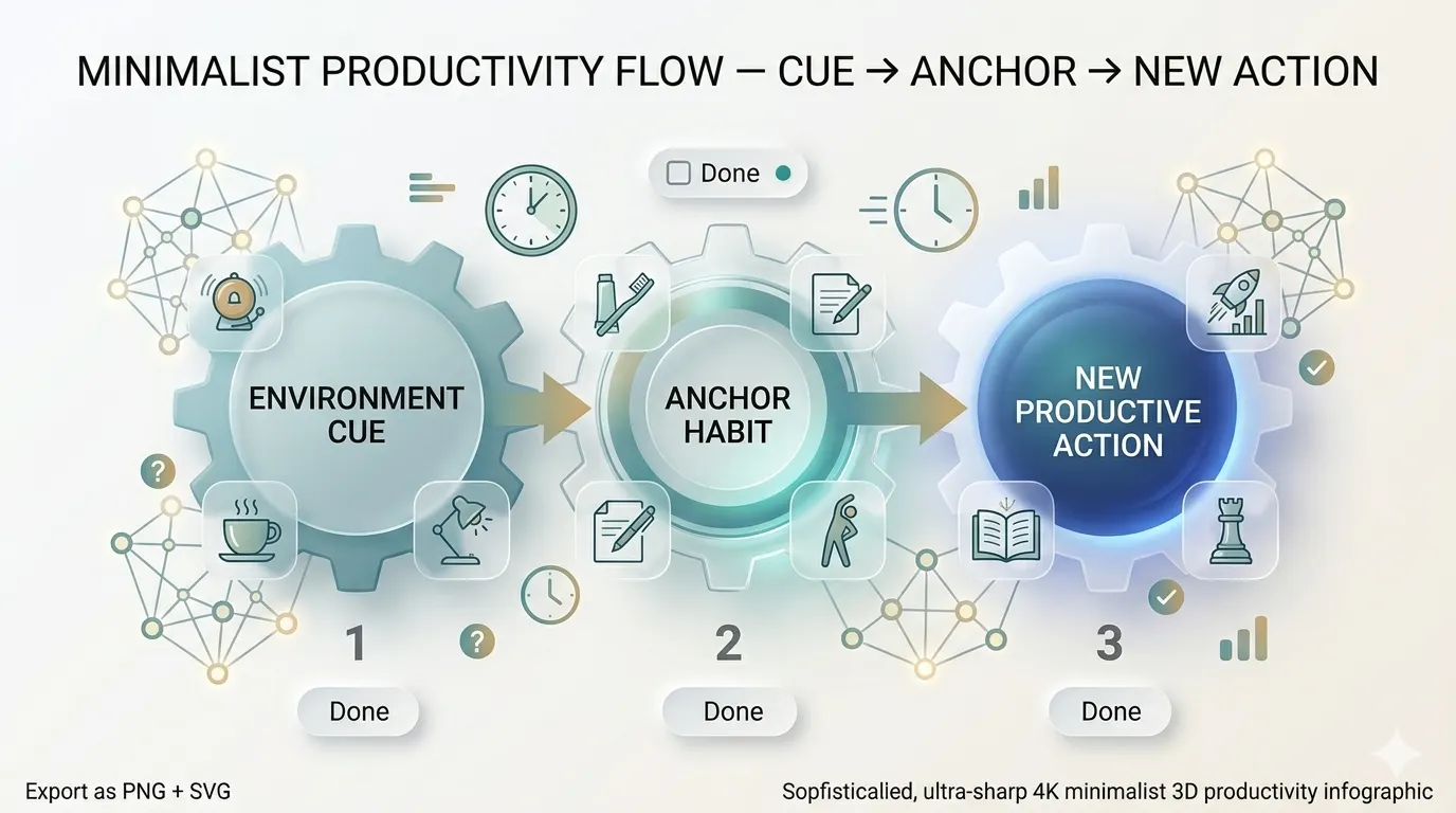 Do It Today Summary in Hindi — Darius Foroux की 6 Chapters वाली Procrastination खत्म करने की मास्टर गाइड 11 Diagram explaining advanced habit stacking and environment design from Do It Today