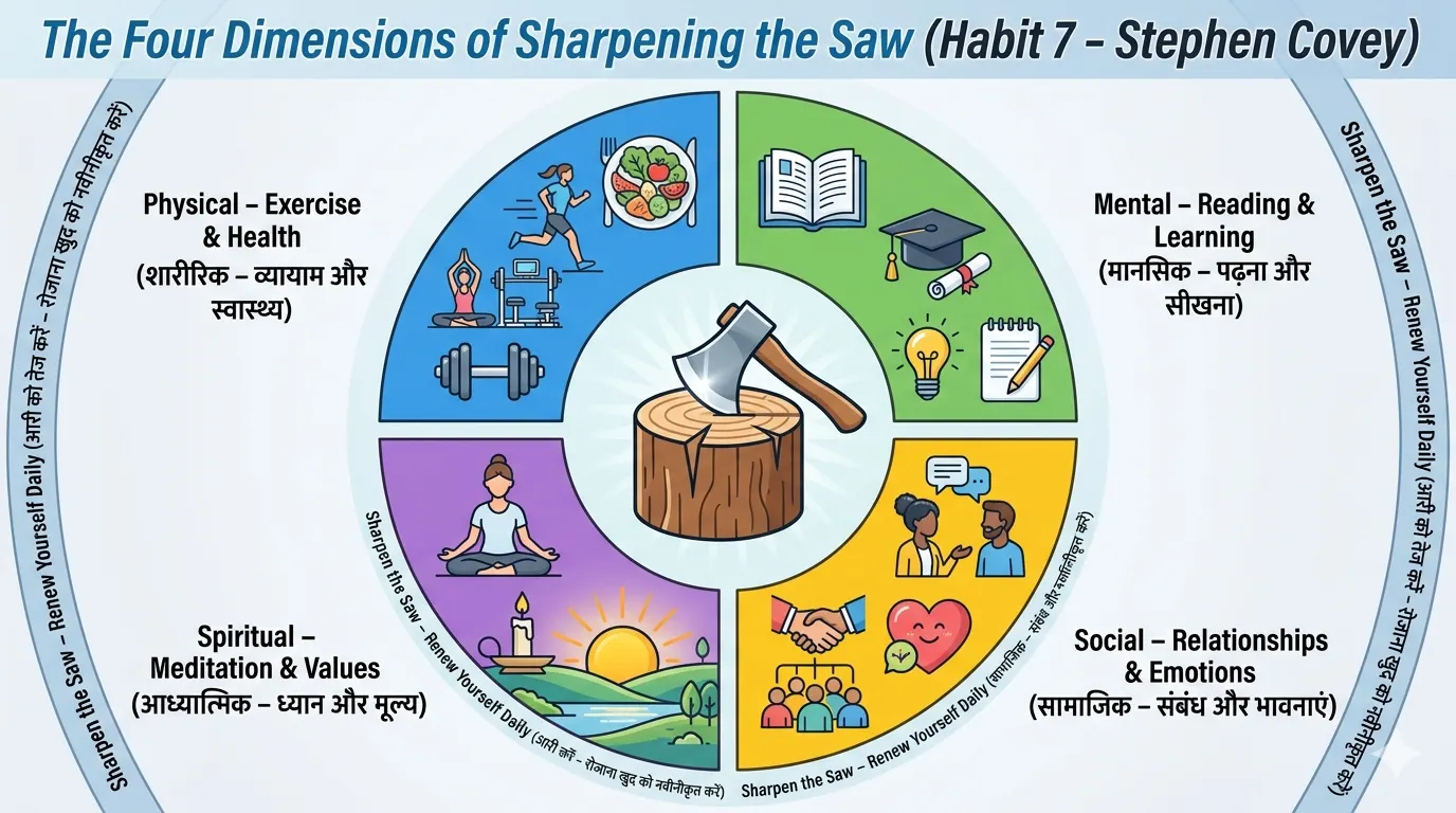 Four quadrants of Habit 7: Physical, Mental, Spiritual, and Social-Emotional renewal indicators with clean Hindi labels
