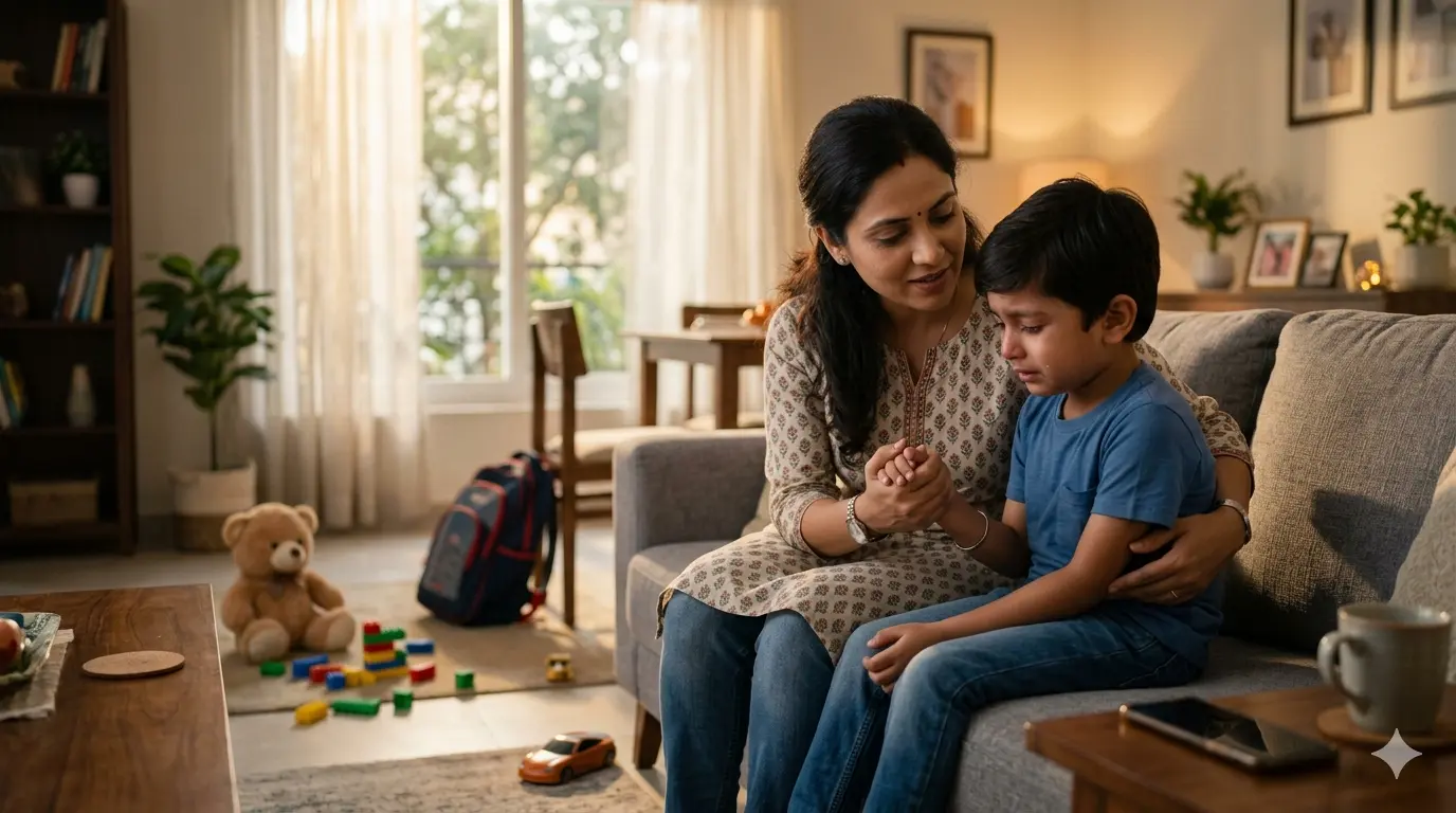 Indian mother calmly comforting her emotional child after a tantrum in a warm family living room