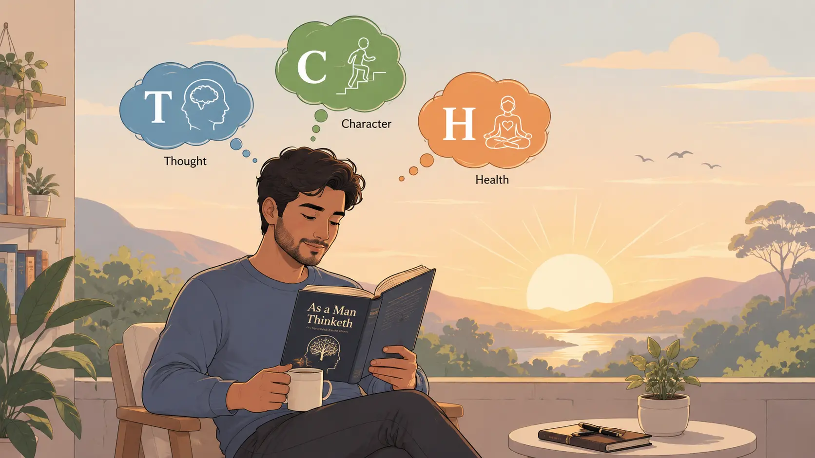 illustration of a man thinking early morning with As a Man Thinketh book, showing thought bubbles labeled Thought, Character and Health, mind‑power concept in Hindi readers’ style