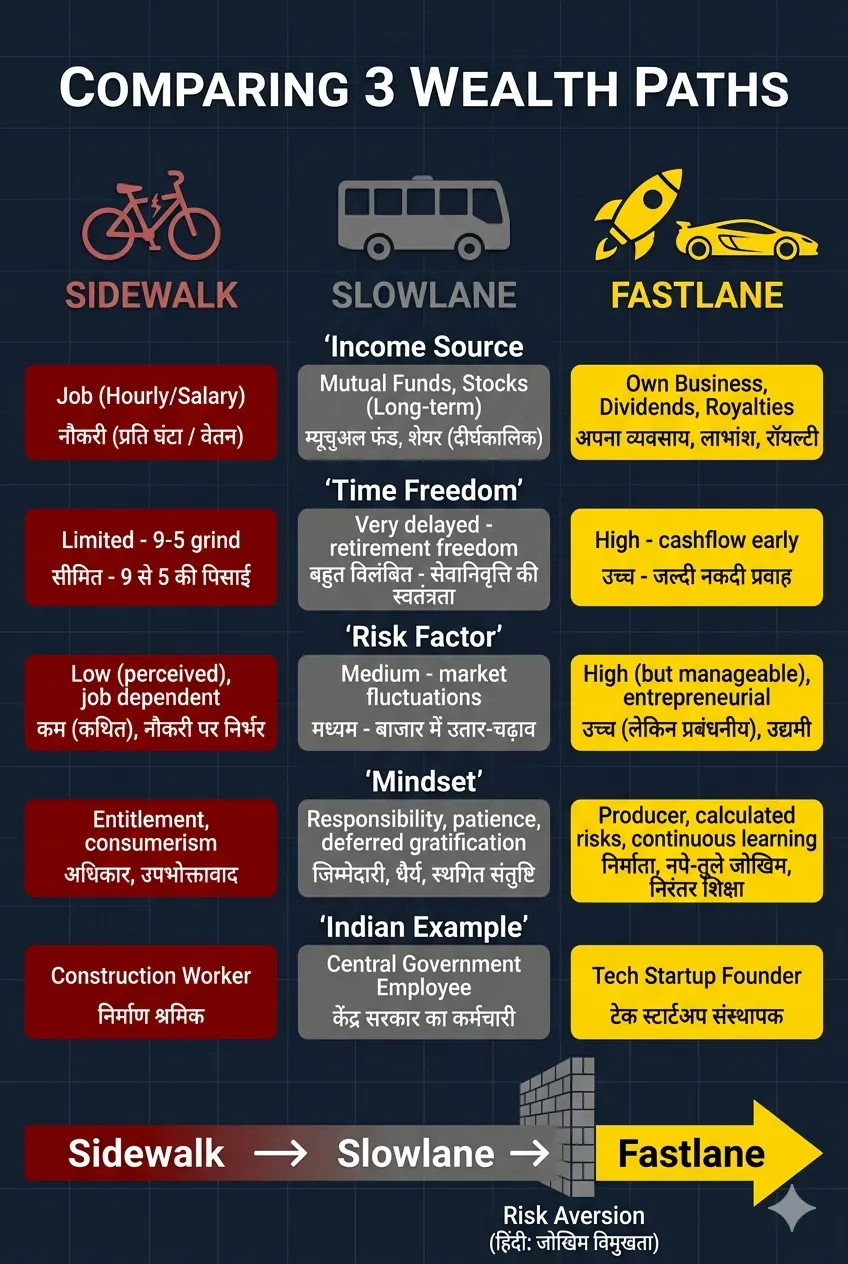 Sidewalk Slowlane Fastlane comparison infographic Hindi — three wealth paths chart showing income source, time freedom, risk factor, and mindset differences for Indian entrepreneurs