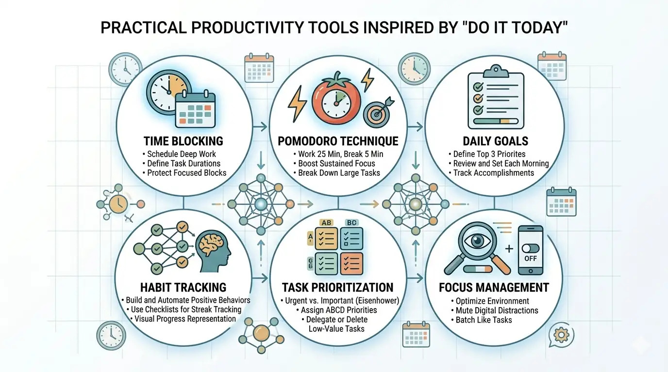 Do It Today Summary in Hindi — Darius Foroux की 6 Chapters वाली Procrastination खत्म करने की मास्टर गाइड 10 A visual representation of tools inspired by Do It Today to manage time and tasks