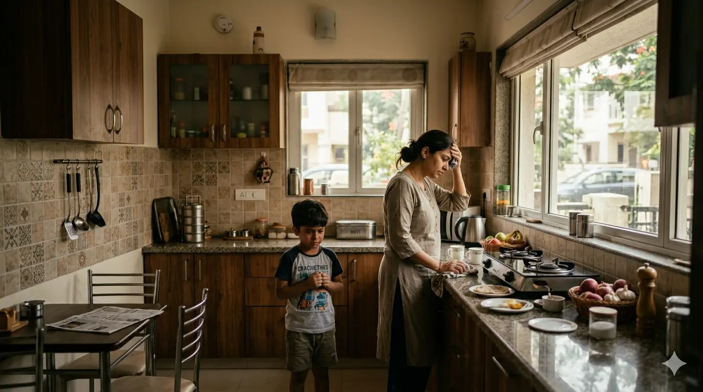 A tense parent-child moment in a modern Indian home showing emotional distance and the need for empathetic listening.