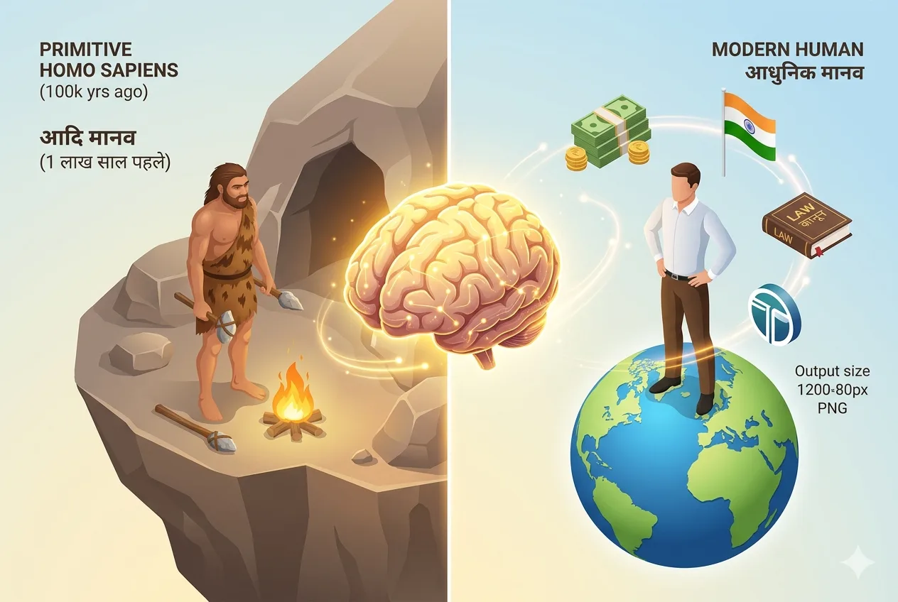 Why humans dominate earth — book summary in Hindi: Homo Sapiens evolution from ape to ruler through cognitive revolution and imagined realities.