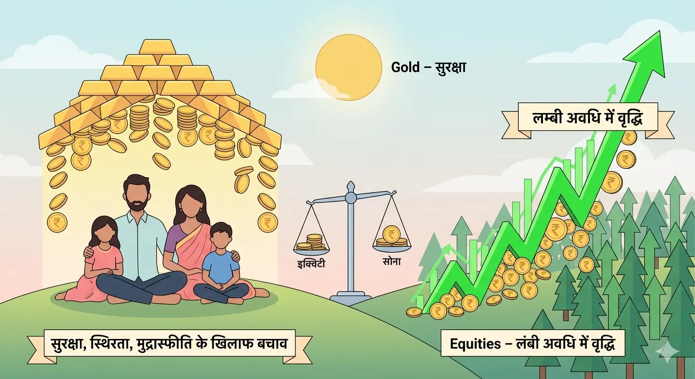 Visual representation of growth and protection through equities and gold