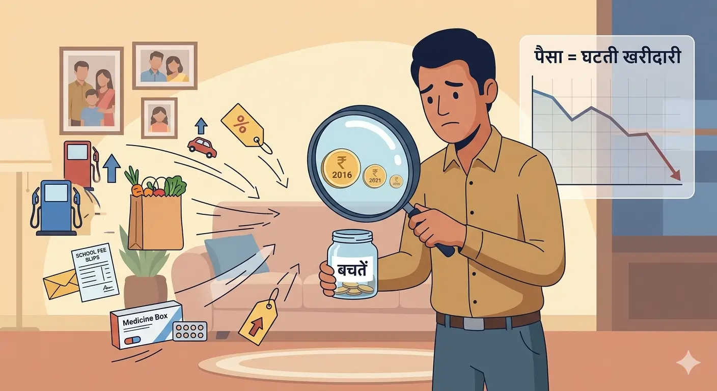 Visual representing inflation eating away savings or a person looking at a decreasing value of money