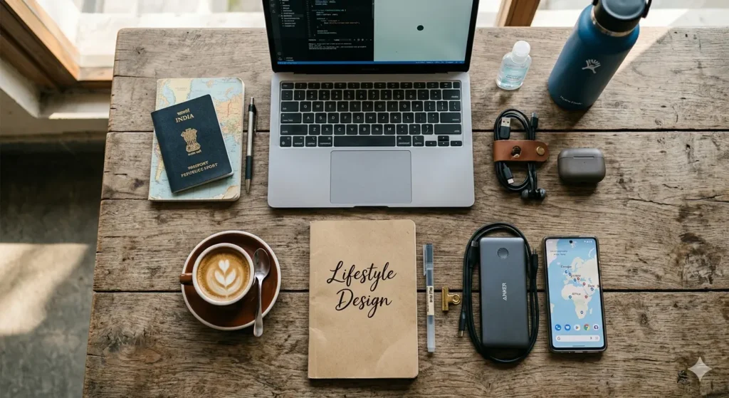 Flat-lay photo of Digital Nomad Starter Kit on wooden table representing The 4-Hour Work Week Hindi summary lifestyle. Items include MacBook Air laptop, passport for international travel, sleek power bank for backup, specialty coffee cup, notebook with "Lifestyle Design" handwritten, and smartphone displaying world map. Natural sunlight with soft shadows. Represents Tim Ferriss's location independence concept showing essential tools for Indian digital nomads working remotely from Goa, Bangalore, or traveling globally while earning passive income. Professional lifestyle photography, 8k resolution, minimal aesthetic.